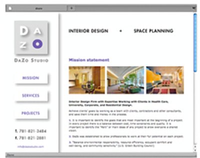 DaZo Studio interior design website with a square logo and interior photographs