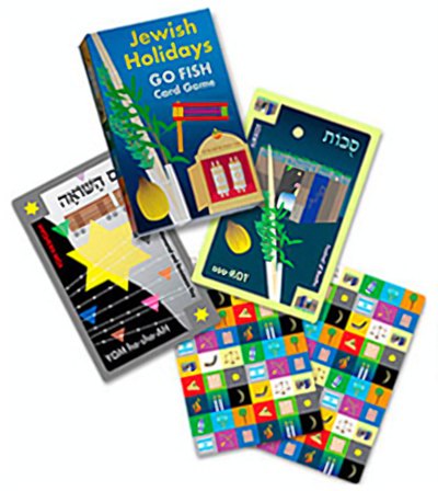 Jewish Holidays Go Fish card game box and fanned-out illustrated playing cards