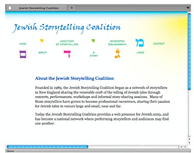 Jewish Storytelling Coalition website with a hand-lettered title and coloured navigation icons