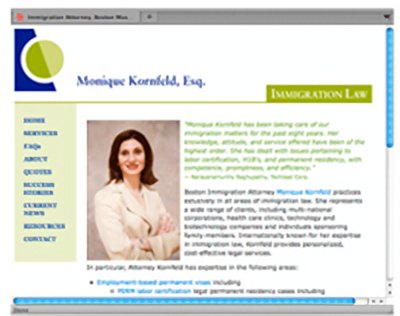 Website for immigration attorney Monique Kornfeld with a green and blue identity