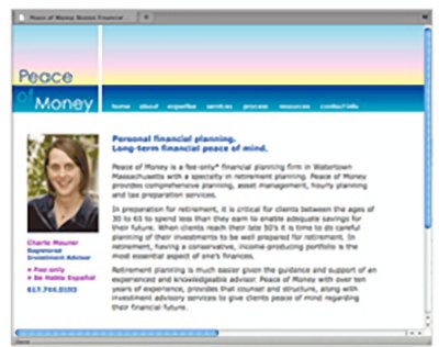 Peace of Money financial planning website with a calm horizon header