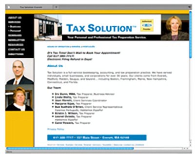 Tax Solution website in yellow and black with staff photographs